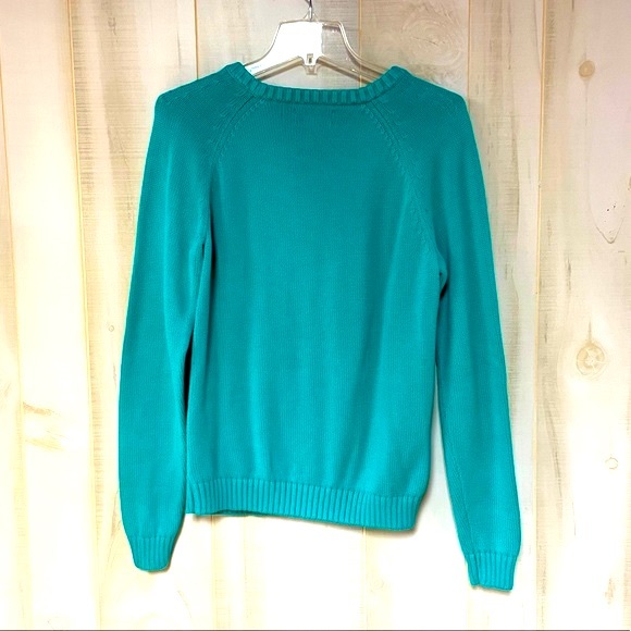 Land’s End Drifter Teal Cable Knit Sweater Sz L 100% Cotton Crew - Picture 2 of 5